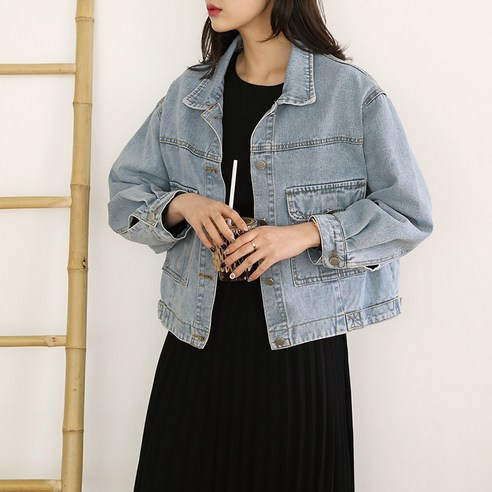 여성용 워시 청 블루 크롭 자켓 