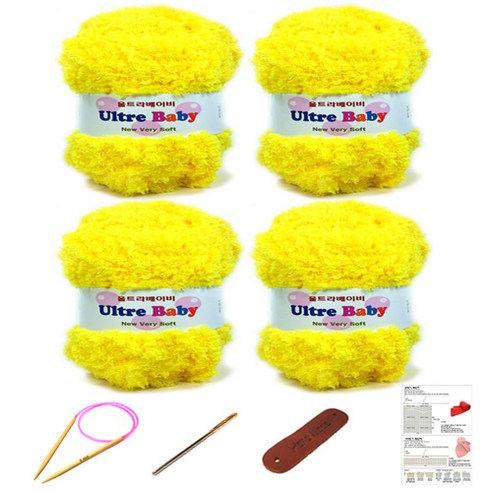 행복뜨기 울트라베이비 뜨개실 4p + 바늘 8mm + 돗바늘 + 라벨 + 목도리도안 세트, 1세트, 1073 베이비노랑