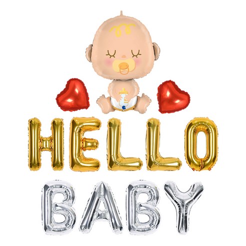 조이파티 베이비샤워 알파벳은박 HELLO + 알파벳은박 BABY 소 + 그라보 은박 베이비 + 은박 하트 미니 2p 풍선 세트, 골드(HELLO), 실버(BABY), 레드(하트), 1세트