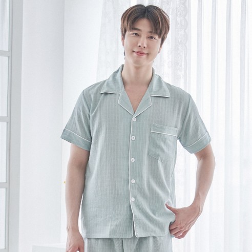 도씨 남성용 레이온 반팔 카라 잠옷 상하의 세트
