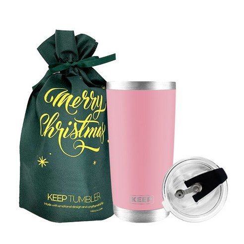 KEEP 대용량 스테인리스 보온보냉 텀블러 + 크리스마스 기프트 파우치 세트, 핑크, 600ml