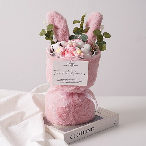 morningscent 아침향기 조화 소프트 패브릭 니트 꽃다발 + LED 조명 + 쇼핑백 세트, 핑크, 1세트