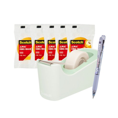 쓰리엠 스카치 탁상용 테이프 디스펜서 C18 + 다용도 테이프 리필 550 12mm x 20m 5p + 모나미 플립 3색 볼펜 0.5mm 세트, 민트(디스펜서), Lavender(볼펜), 1세트
