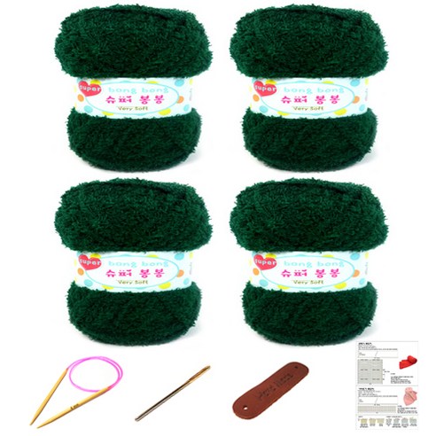 행복뜨기 슈퍼봉봉 뜨개실 4p + 줄바늘 4.5mm + 돗바늘 + 라벨 + 4종 목도리도안 세트, 1세트, 녹색