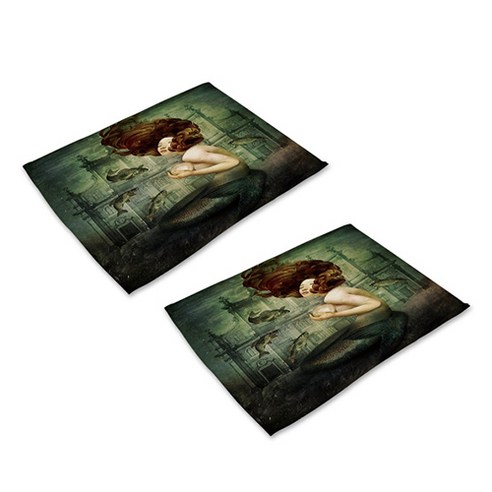 더플로우 바닷 속 다양한 인어공주들 린넨 천 아트 플레이스 매트 2p, 15, 42 x 32 cm