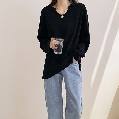 여성용 미드나잇코코 라운드 유넥 긴팔 티셔츠 B237WF03155, XL, 블랙