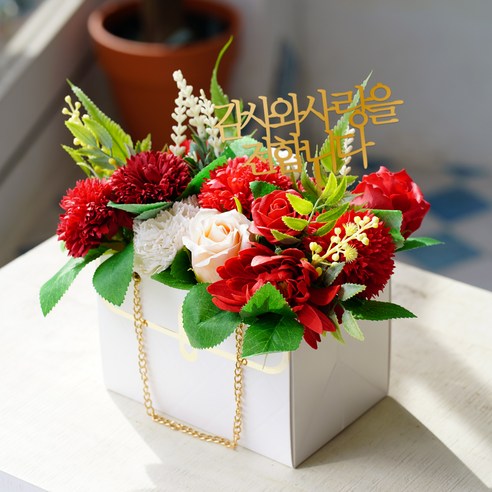 아스파시아 레이디언트 카네이션 선물 미니 가방 + 메세지픽 + 머니홀더 픽 + 쇼핑백 세트, 레드, 1세트