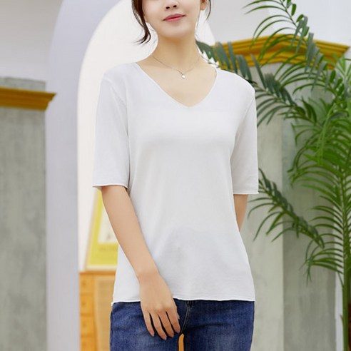 디어로라 여성용 소프트 터치 무지 브이넥 반팔 니트