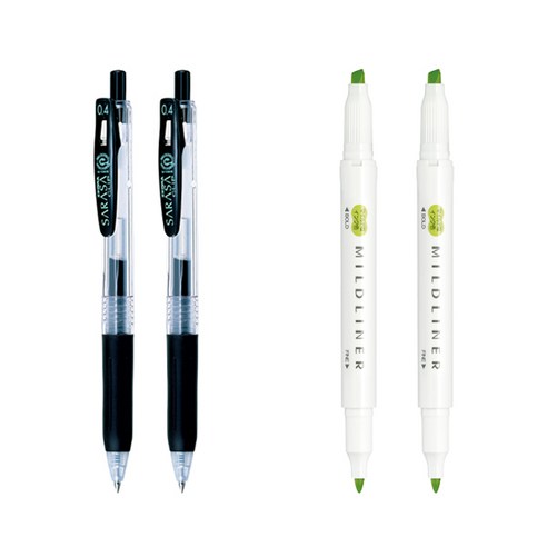 제브라 마일드라이너 마카 2p + 사라사 클립 볼펜 0.4mm 2p 세트, 시트러스그린(마일드라이너), 검정(볼펜), 1세트