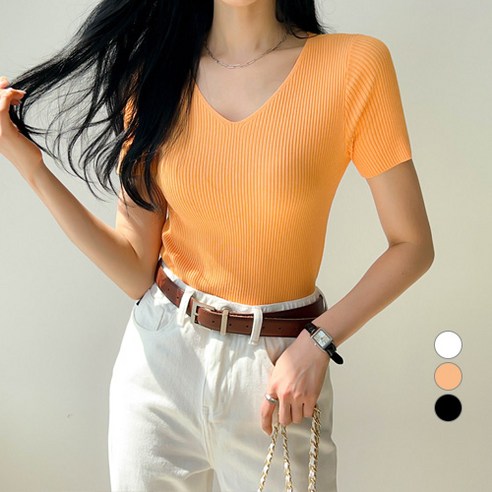 세컨그라운드 여성용 골지 반팔 브이넥 니트