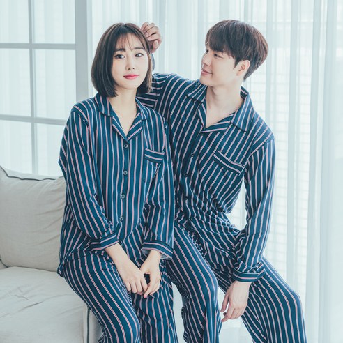 도씨 커플용 피치기모 긴팔 카라 잠옷 상하의 2종 세트