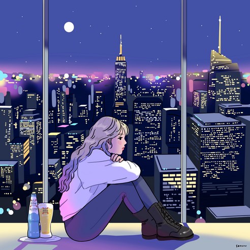 위모던 소르르 일러스트 액자 캔버스 아트 Chill city night