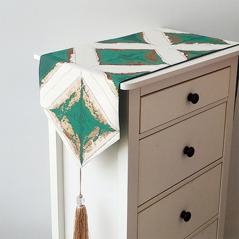북유럽 스타일 럭셔리 샤이닝 체크무늬 테이블 러너, 그린, 270 x 32 cm