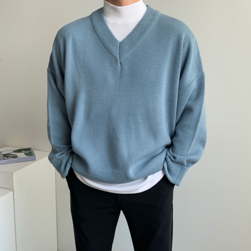 남성용 로댄티 오버핏 헤비 V넥 양면 니트 레이어드 스웨터