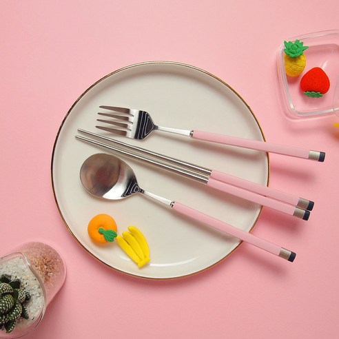 보겐 카라 투톤 샤틴 키즈 숟가락 + 젓가락 + 포크, 샤틴 + 핑크, 1세트