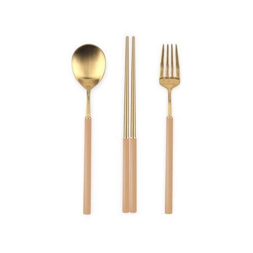 보겐 국산 아동용 피노 골드 수저 + 포크 세트, 카라멜, 1개, 숟가락 + 진공젓가락 + 포크