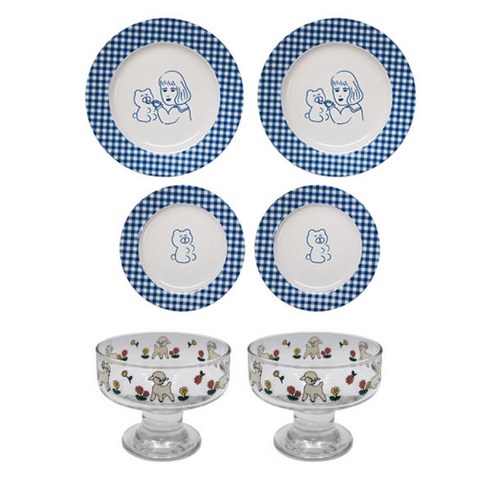 1537 체크라인 플랫 접시 2종 + 글라스볼 세트, 1세트, 깅엄체크 Small 2p + 깅엄체크 Large 2p + 글라스볼 빈티지램 2p