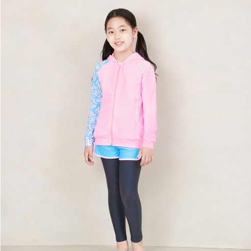 베이직엘르 여아용 후드 집업 래쉬가드 + 비치 반바지 워터레깅스 세트 BEG-V603P