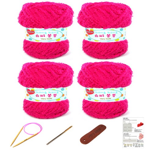 행복뜨기 슈퍼봉봉 뜨개실 4p + 줄바늘 4.5mm + 돗바늘 + 라벨 + 4종 목도리도안 세트, 1세트, 진분홍