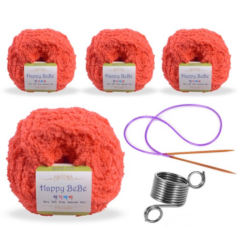 해피 베베푸들 수면사 털실 80g x 4p + 줄바늘 + 뜨개반지, 스칼렛
