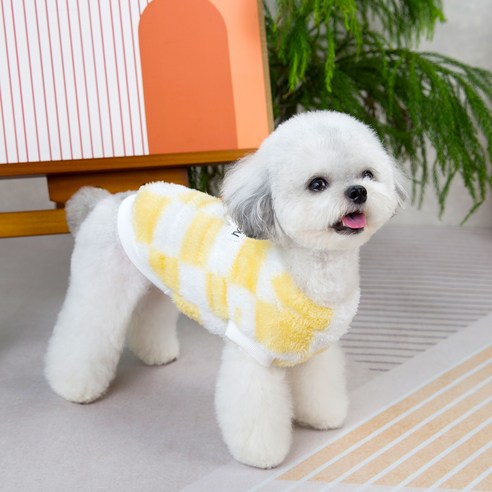 티티펫 강아지 체크무늬 털 스웨터, 옐로우, 1개, S