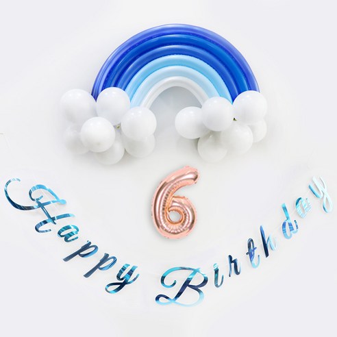 이베이비랜드 무지개 생일 풍선 + 숫자풍선 세트, 블루(무지개풍선), 로즈골드(숫자풍선6), 1세트
