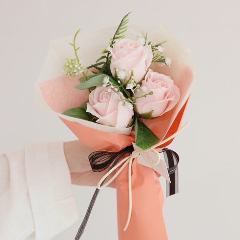 아스파시아 호아 3송이 비누꽃 장미 꽃다발, 핑크, 1개
