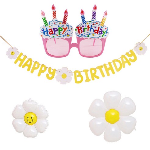 JOYPARTY 데이지 생일가랜드 + 풍선 소형 + 중형 + 생일컵케익 안경 세트, 혼합색상, 1세트