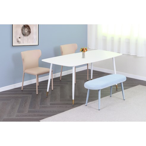 도리퍼니처 이플 세라믹 식탁 벤치 의자 세트 4인용 방문설치, 화이트(식탁), 블루,인디핑크(의자)