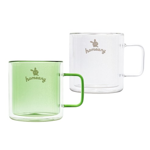 홈애니 컬러 이중 내열 유리컵 380ml, 그린, 화이트 + 투명, 2개