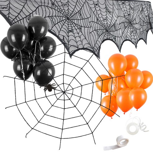 파티쇼 할로윈 장식천 대형 + 뉴 굵은 거미줄 세트, 블랙(거미줄), 오렌지, 블랙(풍선), 1세트