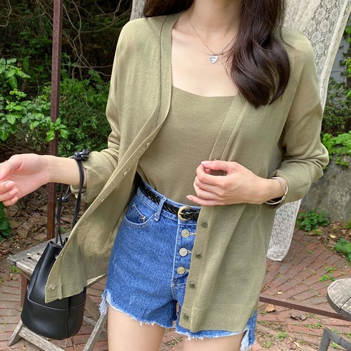 아모르데이 여성용 셀러브이 베이직 브이넥 여름 긴팔 가디건