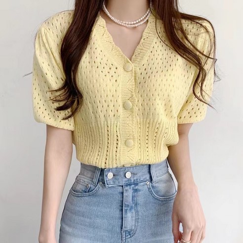 아이엠몽 여성용 도키 반팔 V넥 여름 퍼프소매 가디건