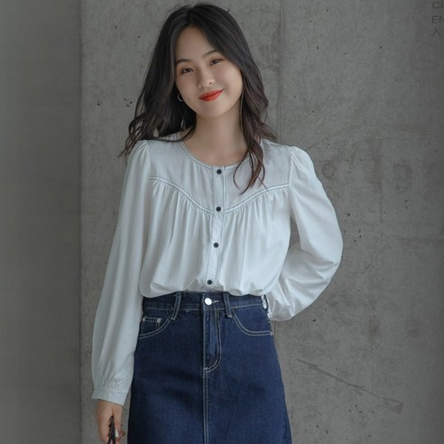 DFMEI 라운드 넥 긴 소매 셔츠 여성 가을 디자인 틈새 한국어 스타일 느슨한 프랑스어 스타일 세련된 셔츠