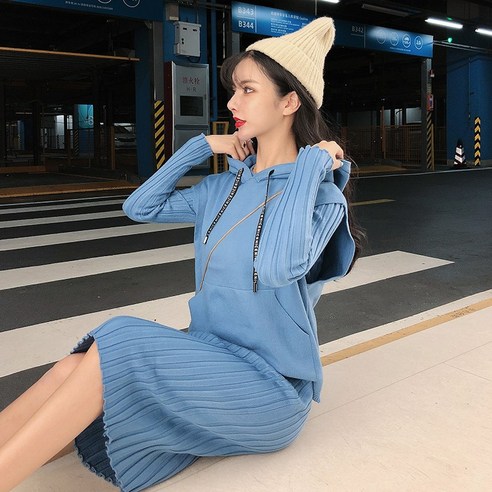 리얼 샷 가을 겨울 새로운 한국어 스타일 두 조각 까마귀 니트 미디 드레스