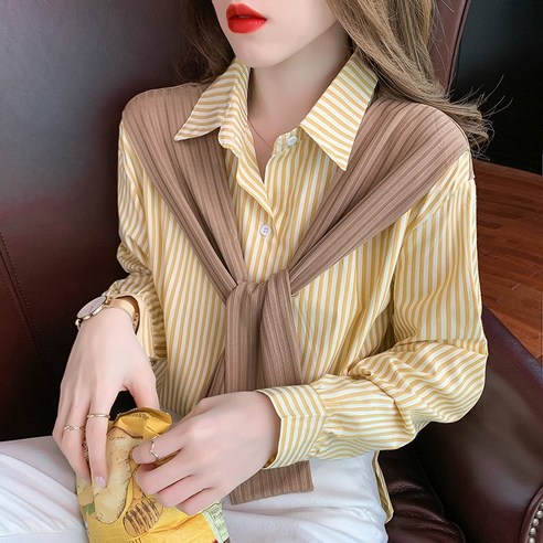 DFMEI 신상품 스트라이프 셔츠의 봄 디자인 느낌 미니멀 숄더 페이크 셔츠 2 벌 봄 재킷