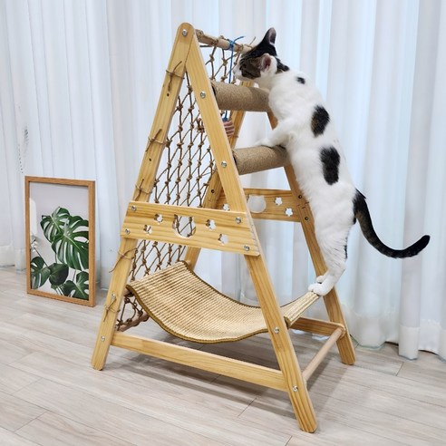 [펫카]고양이 A자 원목 그물 해먹 의자 반영구 스크래쳐 장난감 놀이터, 우드