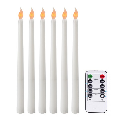 Fauge 6Pcs Flameless Taper Candles 깜박이는 10-Key Remote Timer 배터리로 작동되는 LED 촛대 창 양초, 1개, 백색