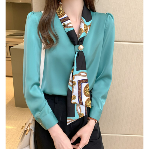 고급스러운 가을 블루시크 스카프 블라우스
