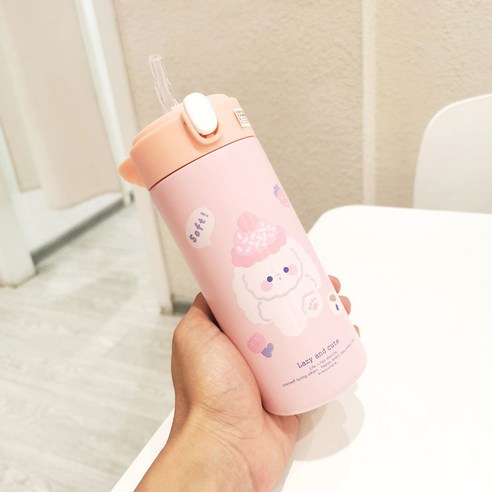 절연 컵 숙녀 크리 에이 티브 고 가치 휴대용 물 컵 하트 인 바람 간단한 짚 컵, 380ML 핑크 강아지, {"패션의류/잡화 사이즈":"컵"}