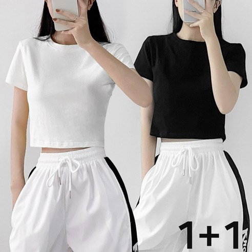 엠제이스타 [2pack 1+1]여성용 퓨어 베이직 라운드 무지 크롭 반팔티 스판 티셔츠