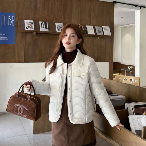 Vugia겨울 여성용 숏기장 보온 작은 카라넥 패딩