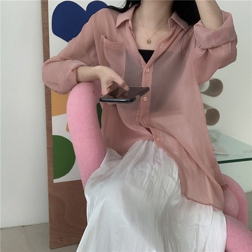 썸머바이브 여성 루즈핏 쉬폰 시스루 긴팔 셔츠 남방