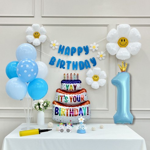 연지마켓 생일 파티 케이크 데이지 왕관 숫자 풍선 가랜드 세트, 1세트, 케이크 블루B 1