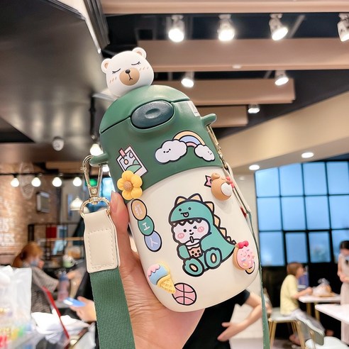 [LM] 500ml 곰 스티커 보온병 스테인레스 스틸 절연 뜨거운 음료 컵 밀짚 선물, {"크기":"500ml"}, GreenD