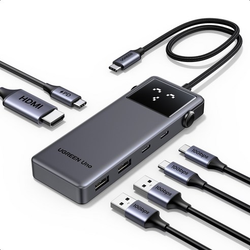 UGREEN 유그린 Uno 6포트 USB 3.2 C타입 멀티 허브 삼성덱스 맥북 호환| 10Gbps | HDMI2.0 4K60Hz | PD100W | 스마트 상태 이모티콘 표시, 1개, Grey