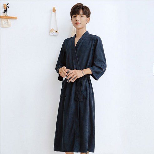 DFMEI-Y 새로운 봄과 가을 얇은 잠옷 느슨한 와플 남성과 여성의 목욕 가운 호텔 목욕 가운 모닝 가운 커플 잠옷 여름, M, DFMEI 진한 파란색 남성