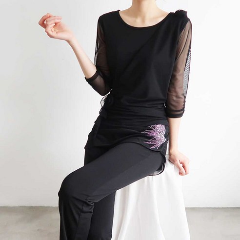 두송이 꽃 댄스 블라우스 스포츠 댄스복 상의 티셔츠 칠부 여성 라인 줌바 차밍 밸리 라틴 모던 코사지 장미장식 섹시 레이스 시스루 시크, XL, 블랙