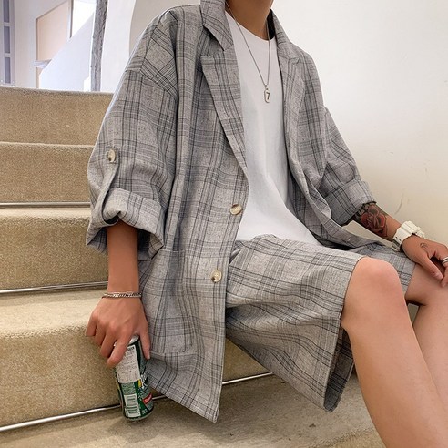 여름 체크 양복 세트 남성 패션 캐주얼 루즈핏 학생 영륜풍 멋쟁이 한판 조수 양복 두 벌