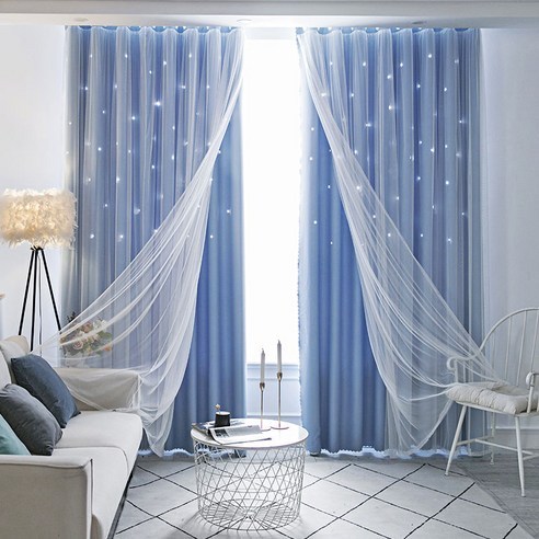 에쉬울프 펀칭 별 차광+레이스 이중지 커튼 1pc, 270*230cm, 블루